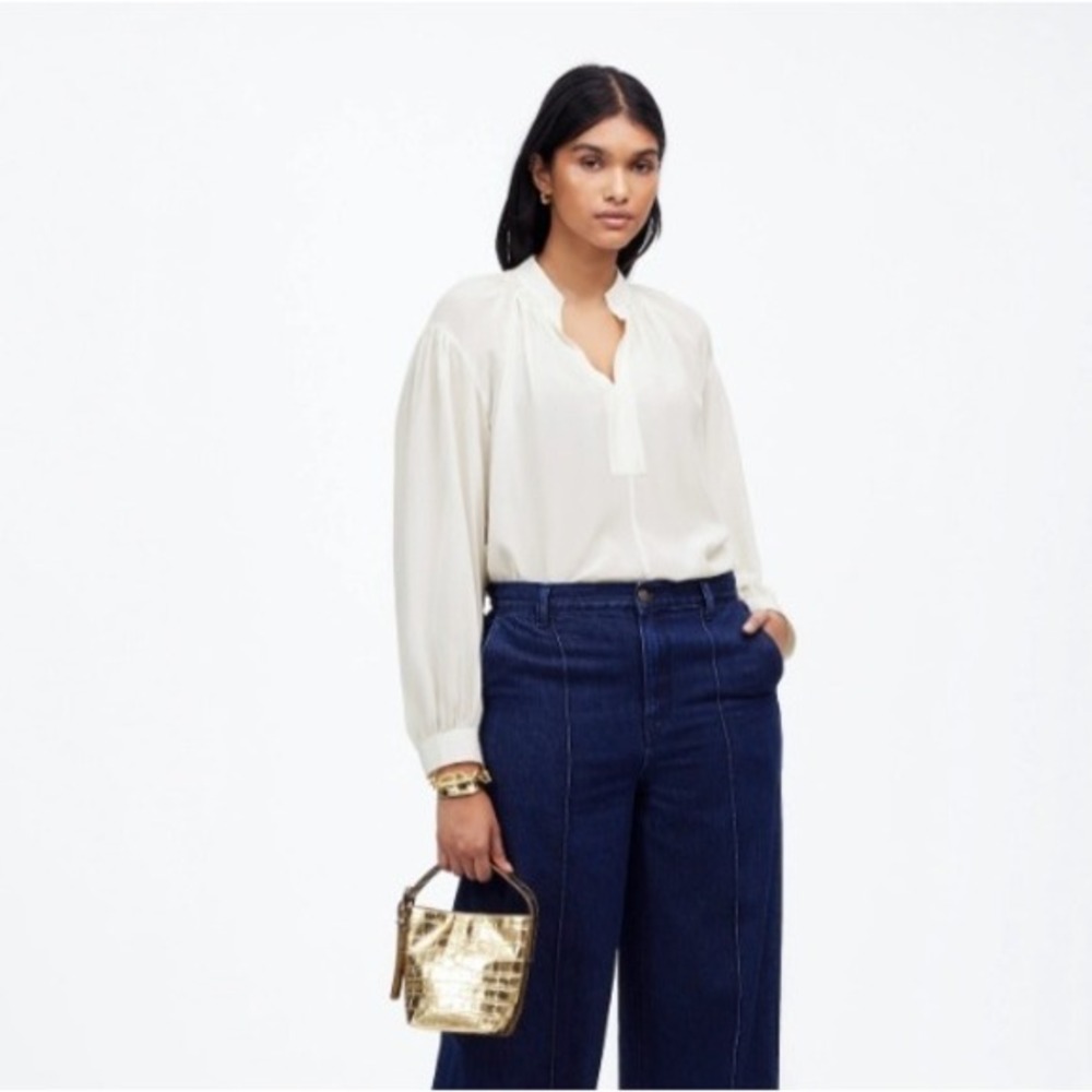Madewell Top Womens 2XS Winter‎ White Shirred Long Sleeve Top Silk Crepe NT652